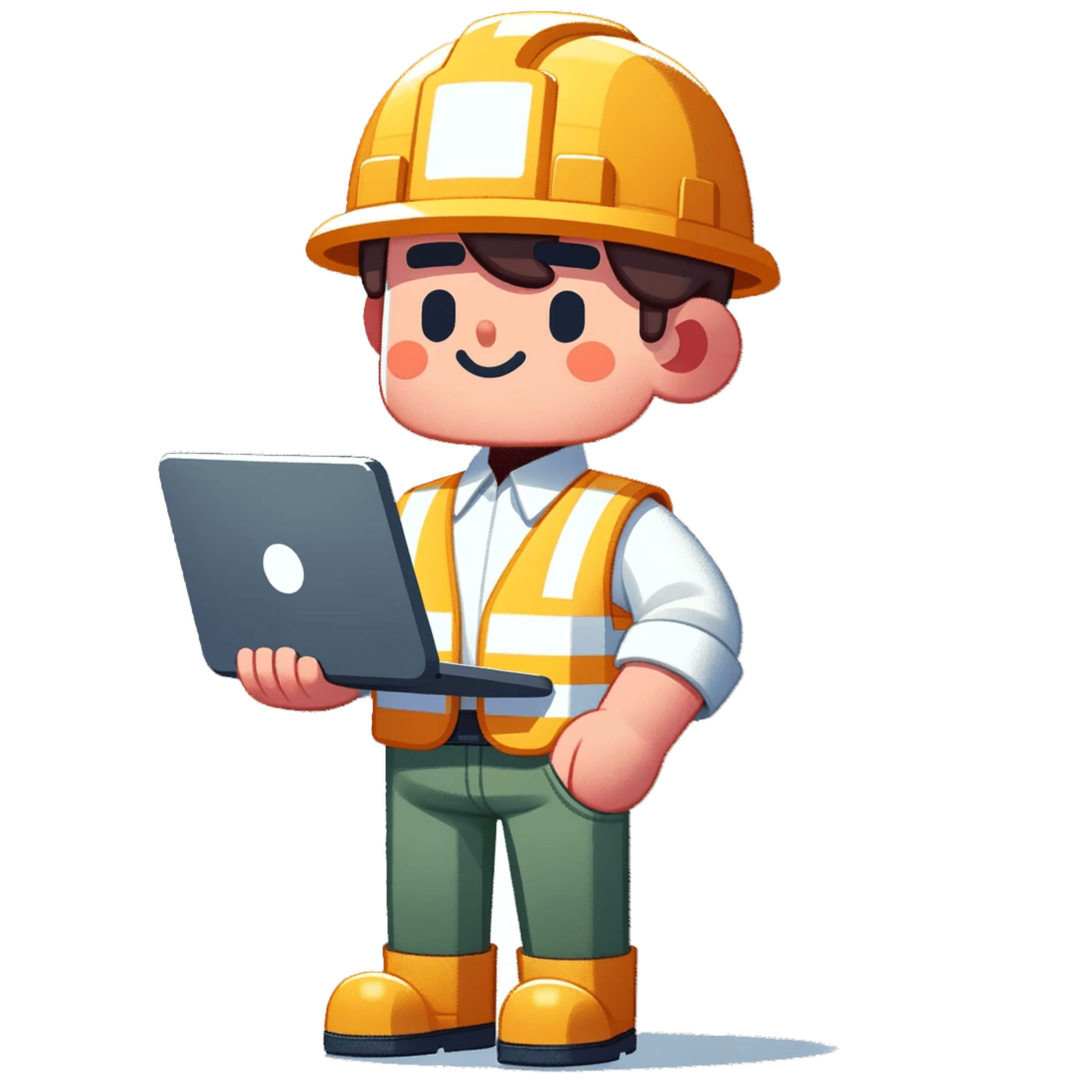 Animated man working for a construction company holding a computer